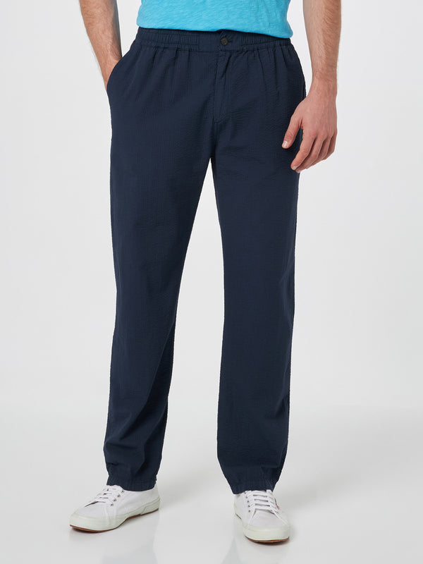 Pantalone da uomo blu navy in cotone seersucker Relais