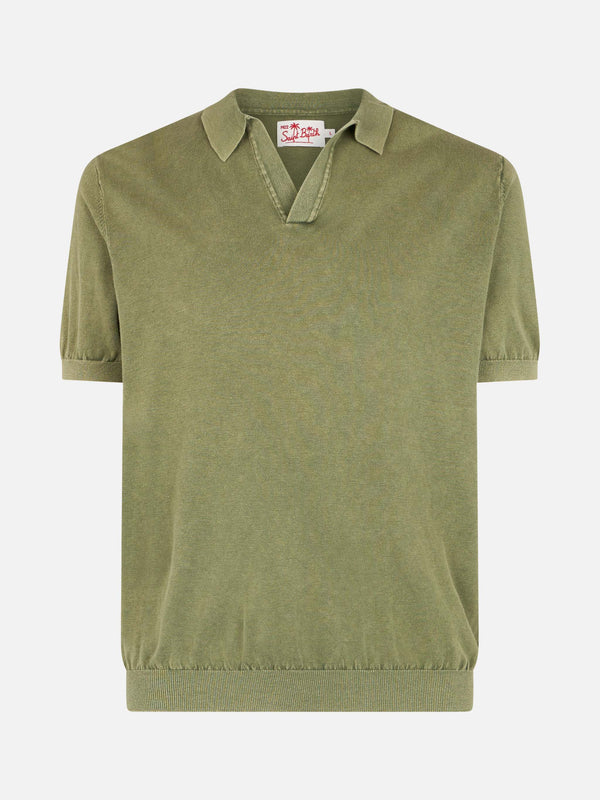 Man military green knit polo shirt Sloan with vintage treatment effect