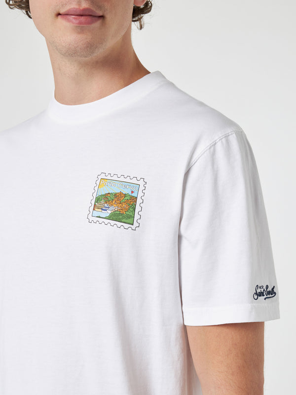 Man cotton t-shirt with Porto Cervo postcard front and back print | ALESSANDRO ENRIQUEZ SPECIAL EDITION