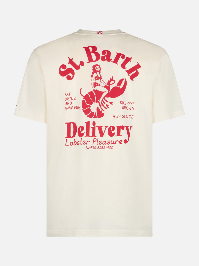 Man cotton t-shirt with Saint Barth lobster delivery placed print