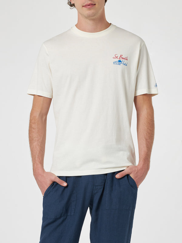 Man cotton t-shirt with Saint Barth Hotel front and back print