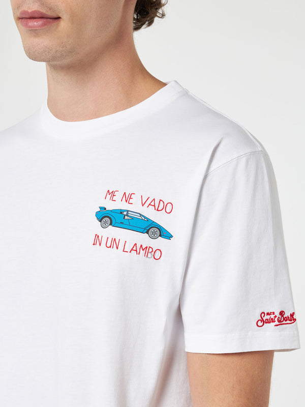 Man cotton t-shirt with Me ne vado in un lambo embroidery and car placed print