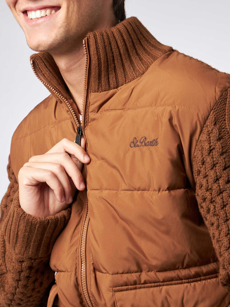 Man brown padded jacket with knitted sleeves