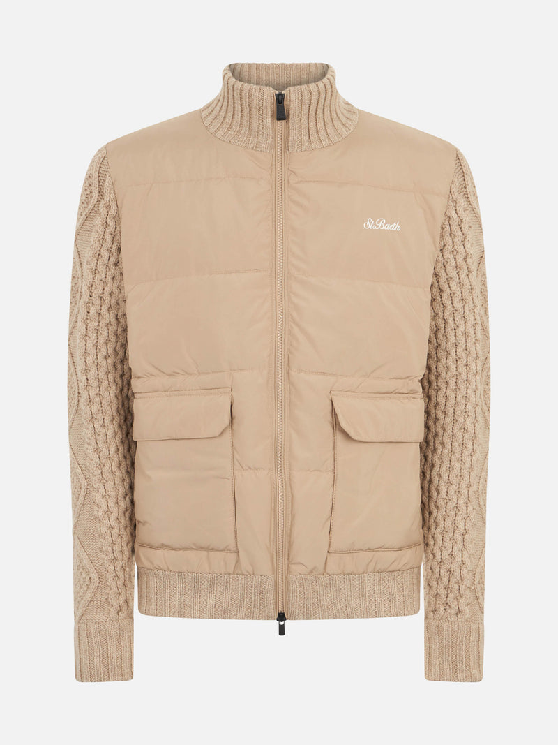 Man beige padded jacket with knitted braided sleeves