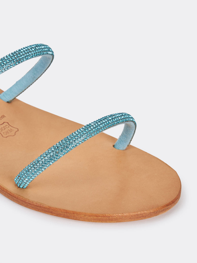 Wrap flat sandals with turquoise rhinestones