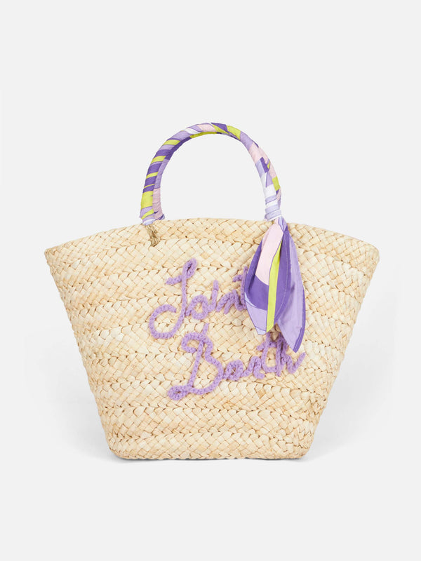 Straw bag with front embroidery and fabric handles