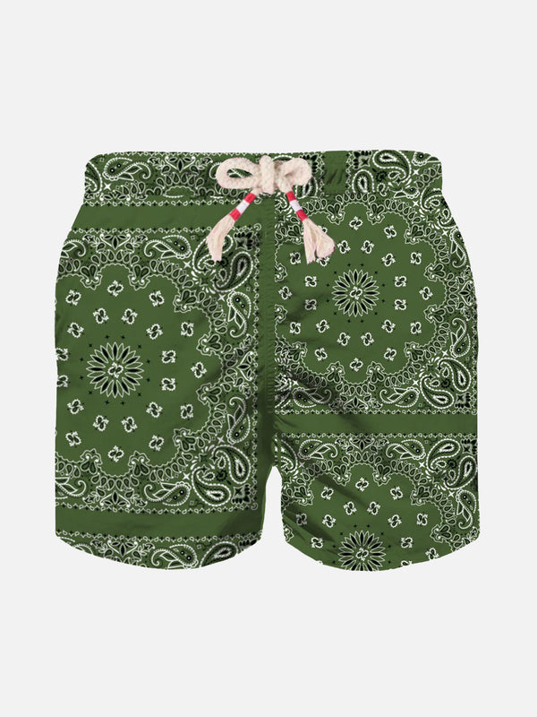 Boy swim shorts with military green bandanna print