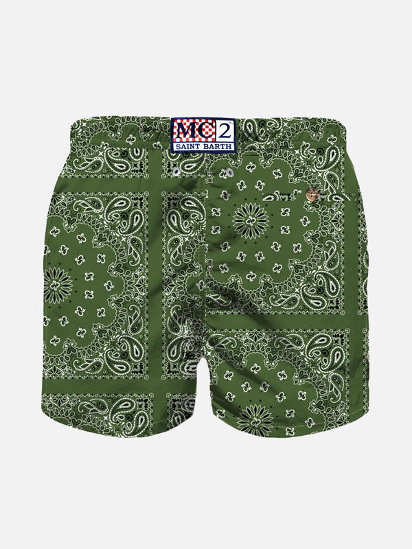Boy swim shorts with military green bandanna print