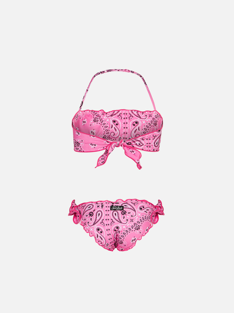 Girl bandeau bikini with pink bandanna print