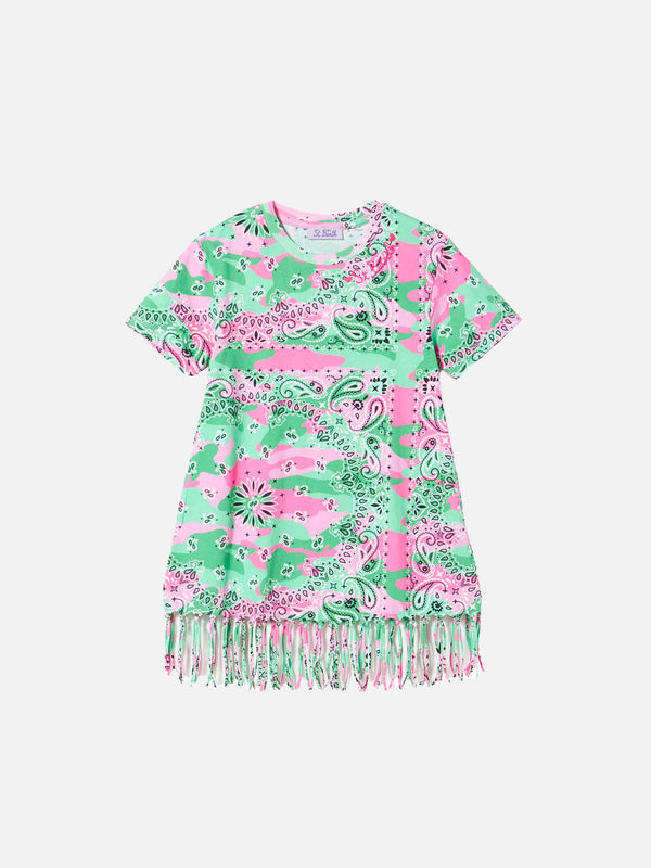 Girl mimetic cotton dress with fringes