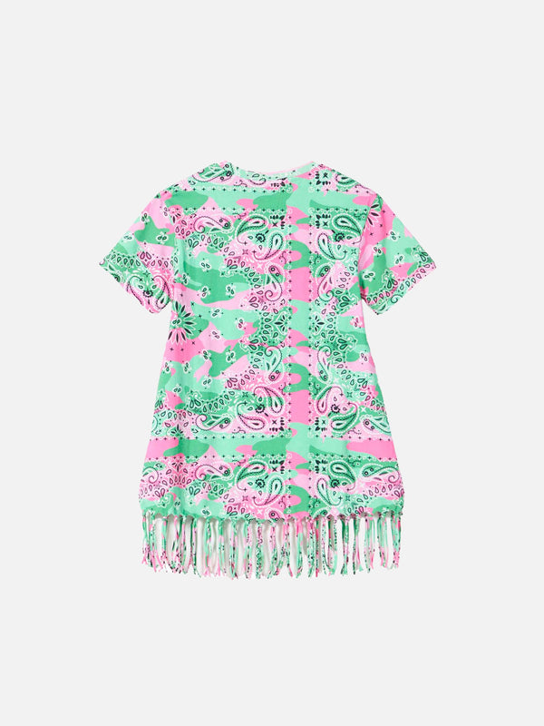 Girl mimetic cotton dress with fringes