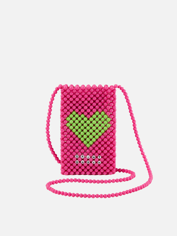 Pink beaded phone holder with green heart