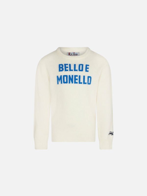 Boy crewneck sweater with Bello e monello lettering