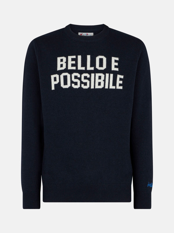 Man crewneck sweater with Bello e Possibile jacquard print