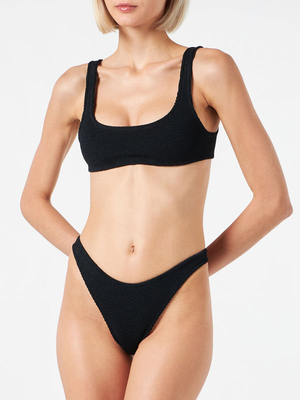 Woman black crinkle bralette bikini