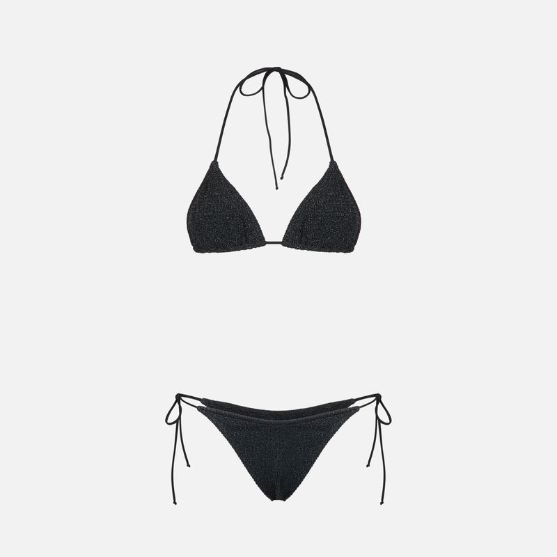 Woman black lurex crinkle triangle bikini