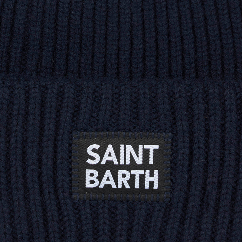Berretto da bambino blu a coste con etichetta Saint Barth