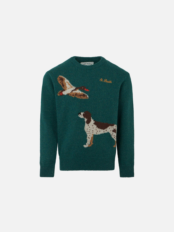 Boy crewneck donegal sweater with country dog jacquard print