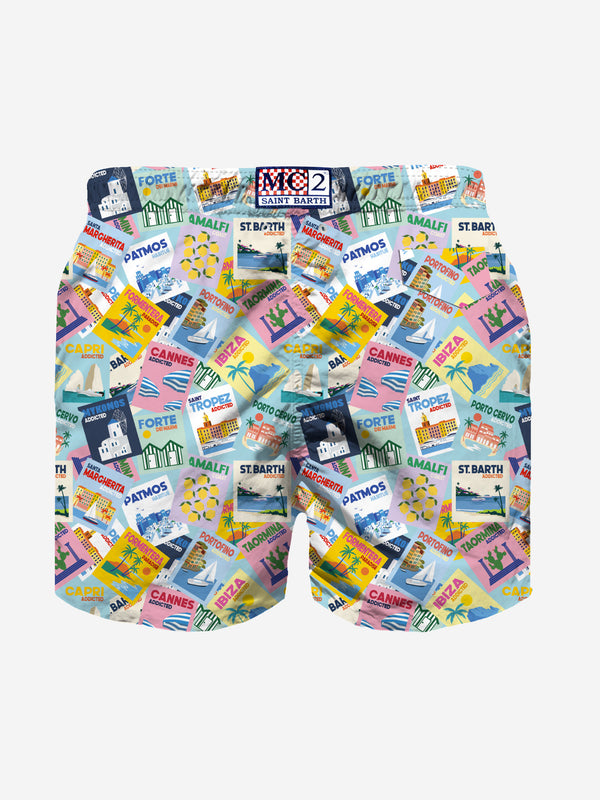 Boy lightweight fabric swim-shorts Jean Lighting with postcard print