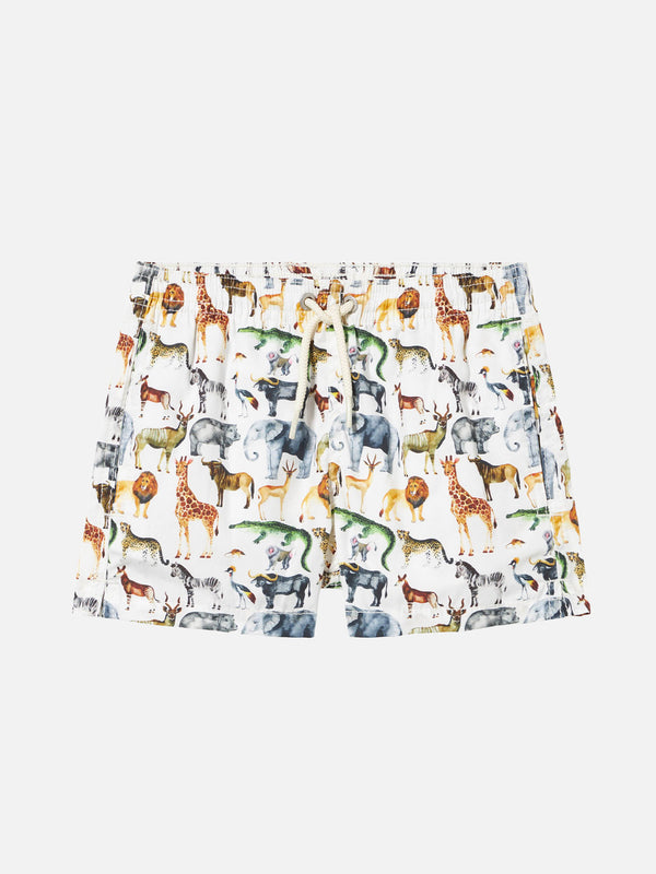 Boy cotton swim shorts with african zoo print