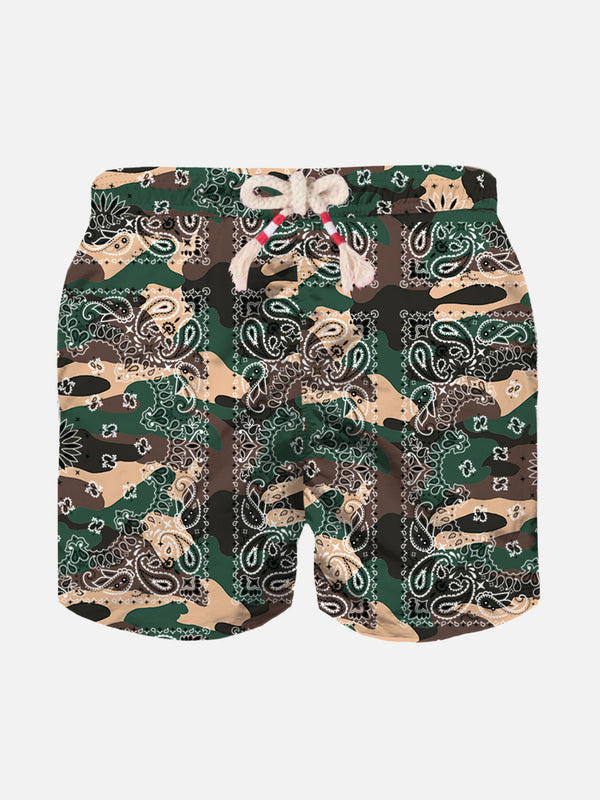 Boy swim shorts with camouflage bandanna print