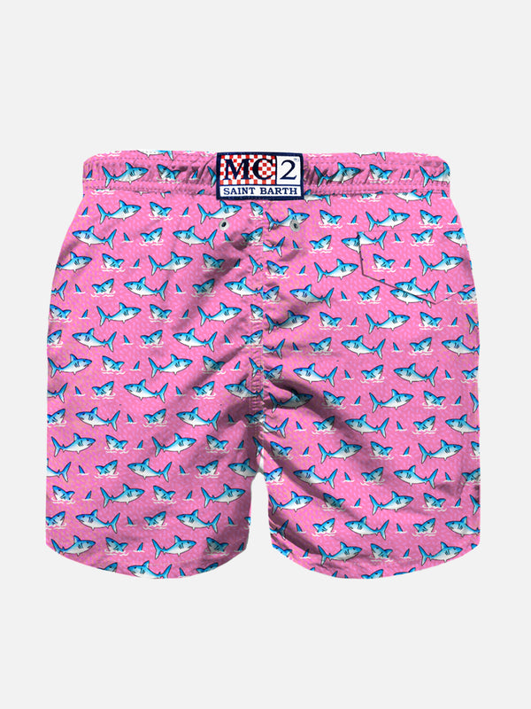 Boy light fabric swim shorts with sharks print