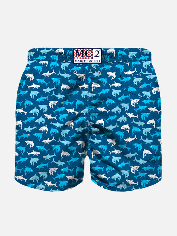 Boy light fabric swim shorts with multicolor sharks print