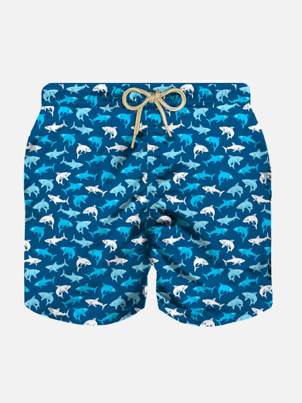 Boy light fabric swim shorts with multicolor sharks print