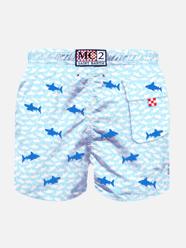 Boy swim shorts with embroidered sharks