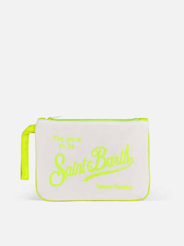 Parisienne white canvas pouch bag with Saint Barth print