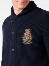 Man shawl collar blue ribbed cardigan with pockets and patch