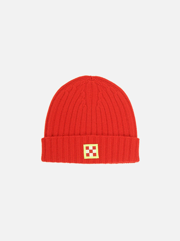 Cashmere blend red hat with check patch