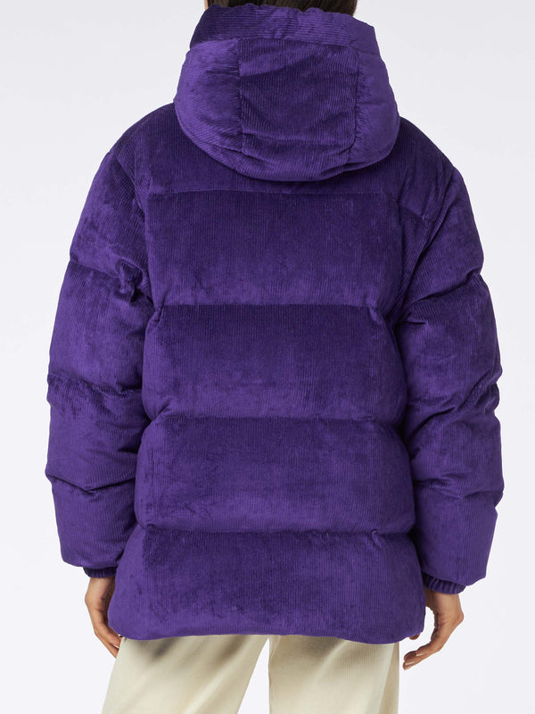 Woman purple corduroy down padded jacket with hoodie