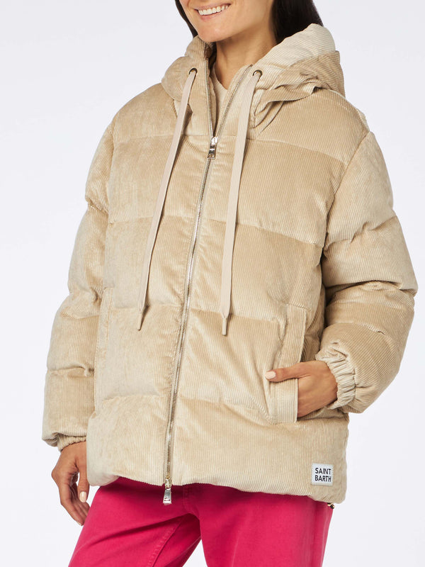 Woman beige corduroy down padded jacket with hoodie