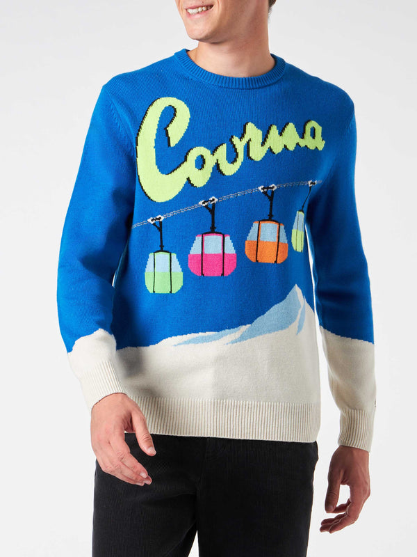 Man crewneck sweater with Courma cable postacard jacquard print