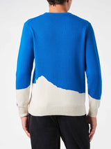 Man crewneck sweater with Courma cable postacard jacquard print