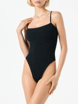 Woman black crinkle one piece swimsuit