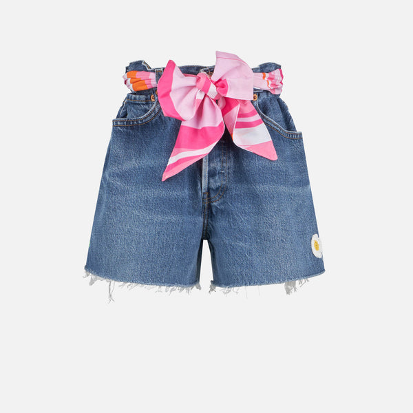 Girl upcycled denim shorts with embroidery and patch