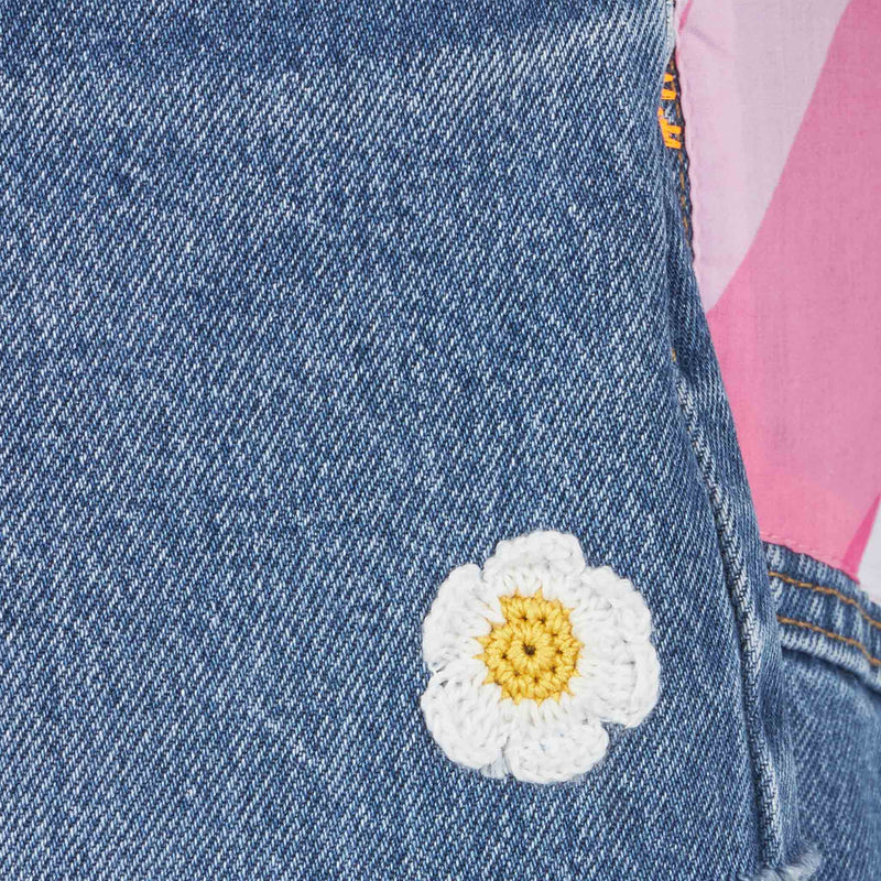 Girl upcycled denim shorts with embroidery and patch