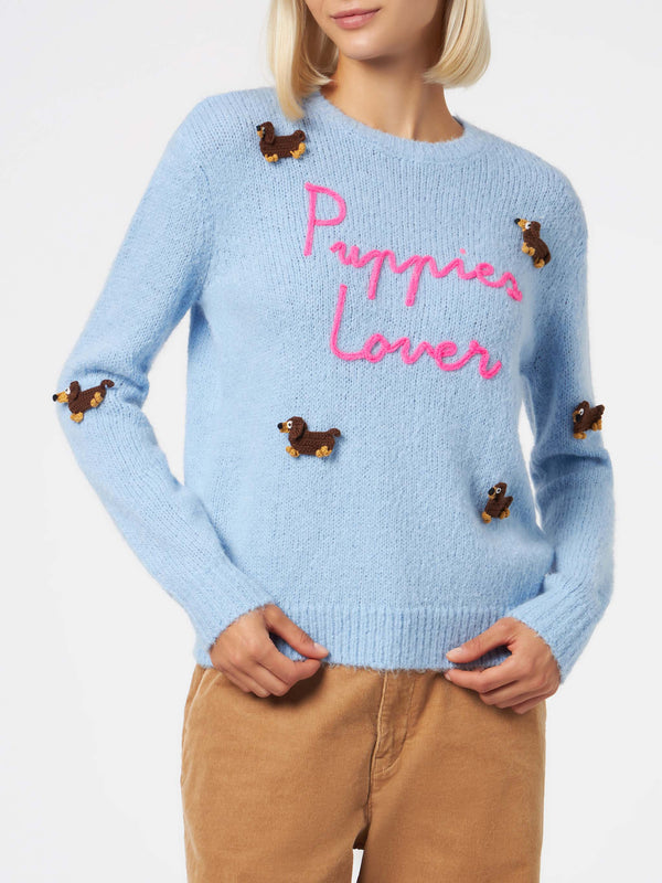 Woman crewneck soft sweater with dogs crochet patch and Puppies Lover embroidery