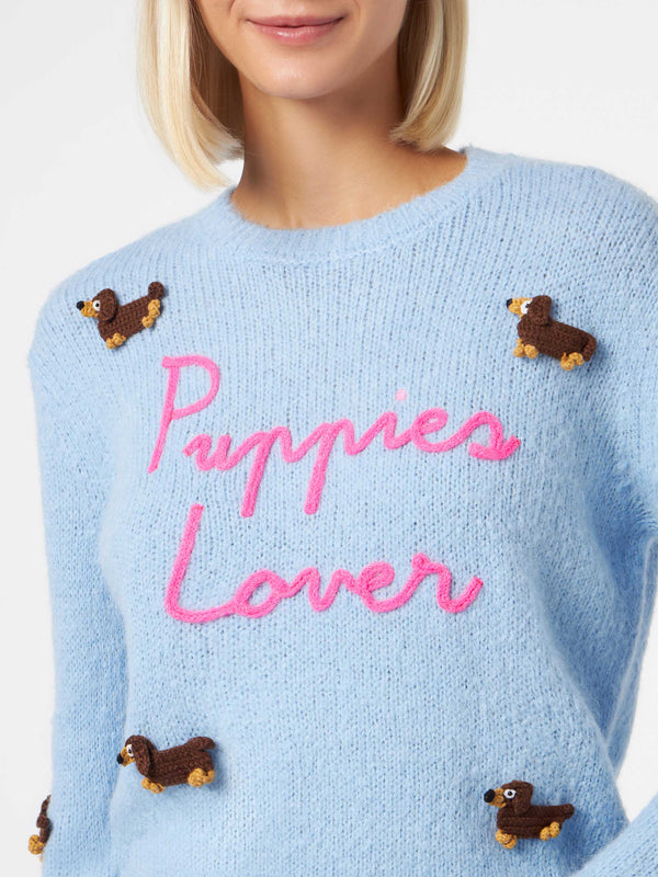 Woman crewneck soft sweater with dogs crochet patch and Puppies Lover embroidery
