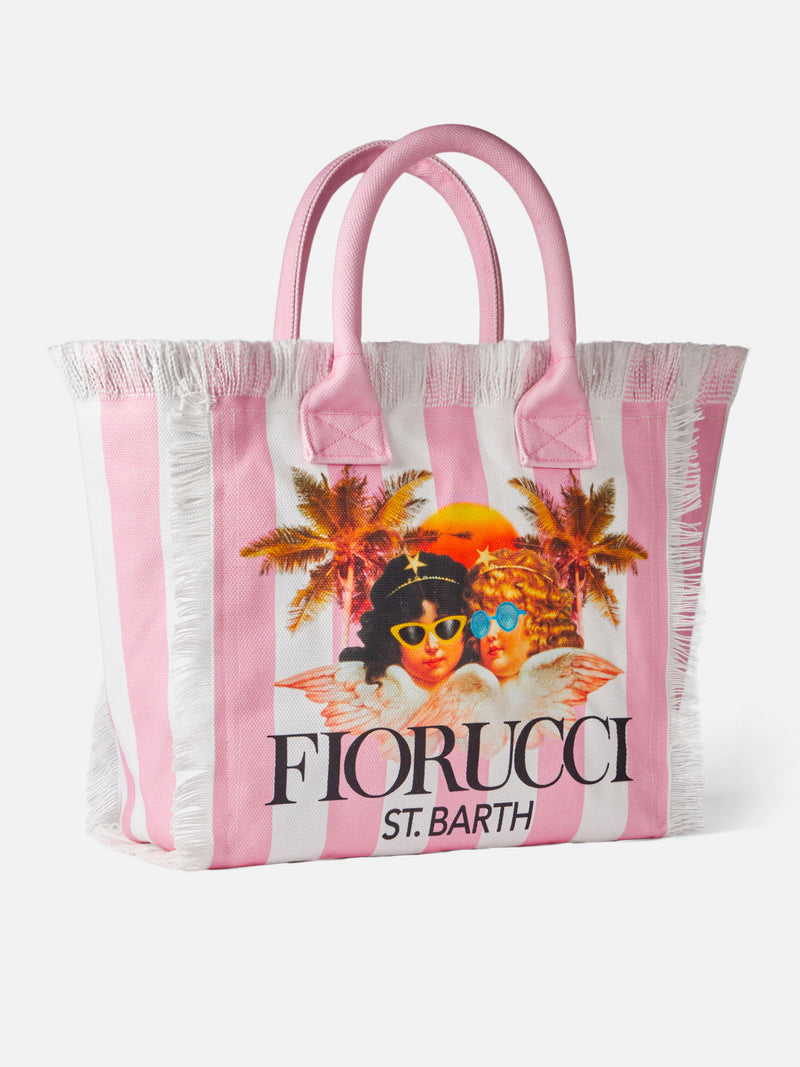 Vanity canvas shoulder bag with white and pink stripes and Fiorucci angels print | FIORUCCI SPECIAL EDITION