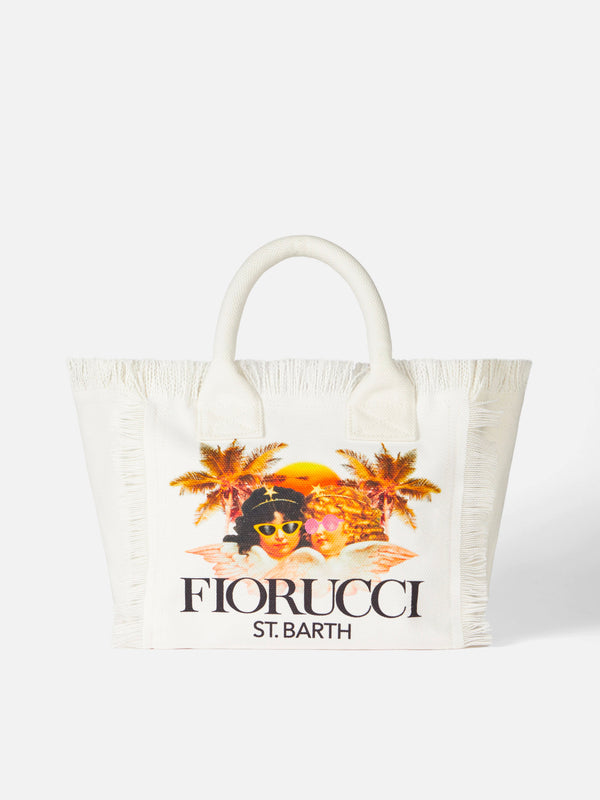 Borsa a mano Colette in tela di cotone bianca con stampa Angeli Fiorucci | FIORUCCI SPECIAL EDITION