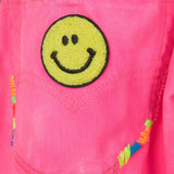 Girl fluo pink upcycled denim shorts with embroidery