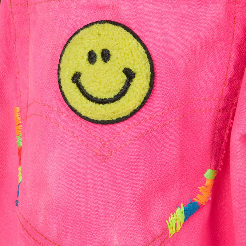 Girl fluo pink upcycled denim shorts with embroidery