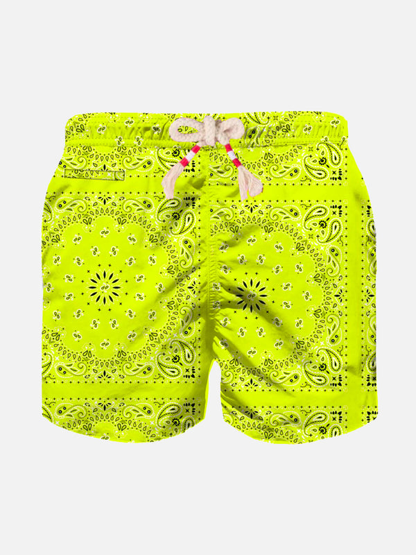 Boy swim shorts with fluo yellow bandanna print