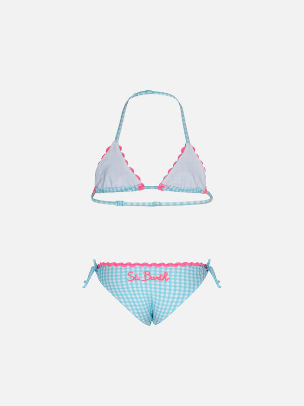 Girl triangle bikini with light blue gingham print