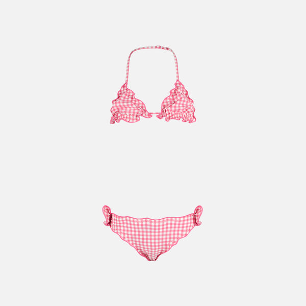 Bikini da bambina a triangolo con stampa vichy rosa