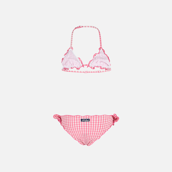 Bikini da bambina a triangolo con stampa vichy rosa