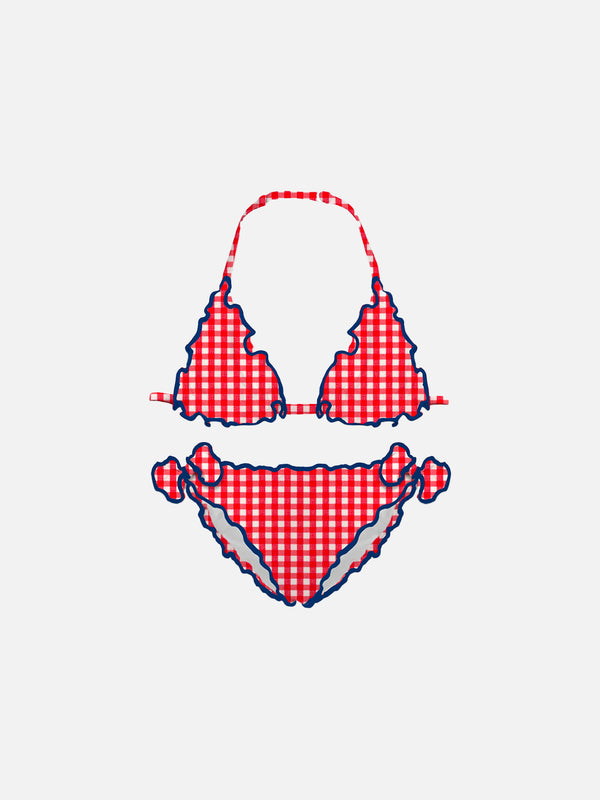 Bikini da bambina a triangolo con stampa vichy rossi